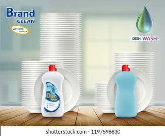 Dishwashing liquid soap with plates. Comparison of two detergents for dishes. Stock vector illustration.