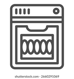 Geschirrspülmaschine mit Knöpfen und Tellern, Liniensymbol, Waschkonzept. Vektorgrafiken. Maschine zum Waschen von Platten auf weißem Hintergrund, Umrissstil-Symbol für mobiles oder Web-Design