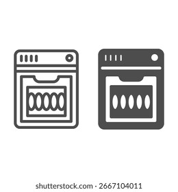 Geschirrspülmaschine mit Knöpfen und Platten Linie und massivem Symbol, Waschkonzept. Vektorgrafiken. Maschine zum Waschen von Platten auf weißem Hintergrund, Umrissstil-Symbol für mobiles oder Web-Design