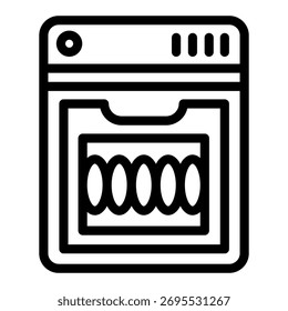 Lavavajillas con Botones y platos icono de línea, concepto de lavado. Gráficos de Vector. Máquina para la placa que lava la muestra en el fondo blanco, icono del estilo del contorno para el móvil o el Diseño web