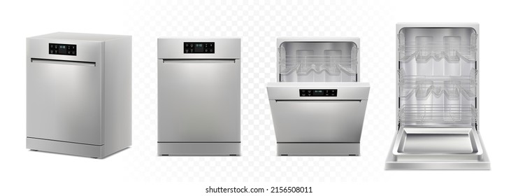 Dishwashing machine with open, closed door, isolated on white background. Smart home appliance concept. Front view. Digital display. Silver color. Realistic 3d Vector illustration.