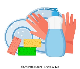 Lavado. Botella de plástico con detergente lavavajillas, esponjas de cocina y guantes de limpieza. Diseño plano. Ilustración del vector