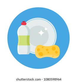 Dishwashing Set vector illustration in modern flat style. Collection of dishwashing liquid bottle, sponge and dishes flat icons isolated on blue background. Washing dishes concept.