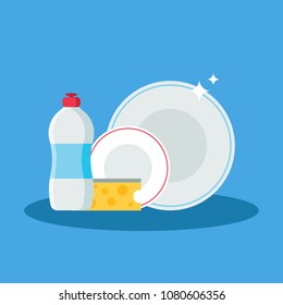 Dishwashing Set vector illustration in modern flat style. Collection of dishwashing liquid, sponge and dishes flat icons isolated on blue background.