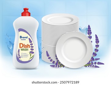 Dishwashing soap bottle with lavender flowers aroma. Clean washed plates stack. Stock vector illustration