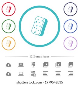 Dishwashing sponge flat color icons in circle shape outlines. 12 bonus icons included.