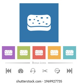 Dishwashing sponge flat white icons in square backgrounds. 6 bonus icons included.