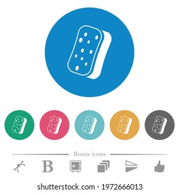 Dishwashing sponge flat white icons on round color backgrounds. 6 bonus icons included.
