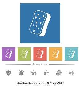 Dishwashing sponge flat white icons in square backgrounds. 6 bonus icons included.