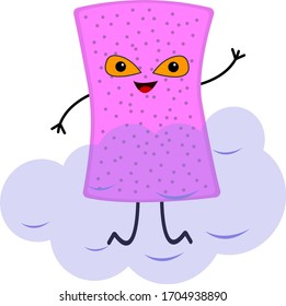 dishwashing sponge purple cartoon character with orange eyes and a smile jumping on a white background transparent foam concept of cleanliness and household chemicals