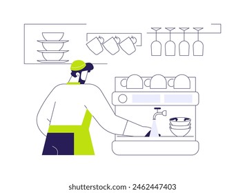 Estación de lavavajillas concepto abstracto Ilustración vectorial. Trabajador de cocina de restaurante sonriente lavando platos, gente profesional, sector de servicios, industria horeca de negocios metáfora abstracta.