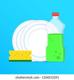 Dishwashing, washing dishes. Dishwashing liquid, dishes and yellow sponge. Modern graphic elements. Flat design. Vector illustration