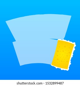 Dishwashing, washing dishes. Dishwashing liquid, dishes and yellow sponge. Vector stock illustration