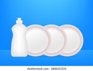 Dishwashing, washing dishes. Dishwashing liquid, dishes and yellow sponge. Vector stock illustration
