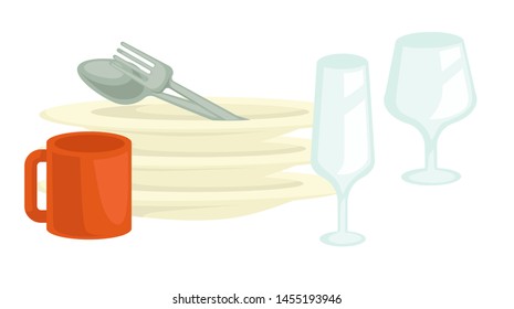Dishwasing clean dishes and glasses or cup vector housework plates pile spoon and fork glassware and dishware washing and cleaning household chore, and housework or housekeeping kitchenware items