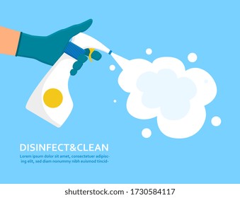 Disinfect And Clean Concept With A Gloved Hand Spraying Anti-bacterial Spray From An Atomiser Bottle Over A Blue Background With Text, Colored Vector Illustration