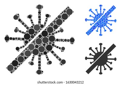 Disinfect coronavirus composition of circle elements in various sizes and color tones, based on disinfect coronavirus icon. Vector circle elements are composed into blue collage.