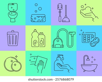 Disinfect hand icon. Clean toilet sanitary. Foam sponge. Soap froth. Bath cleaning. Dish wash bottle. Vacuum cleaner. Bathroom plunger. Dustbin or cleanser dispenser. Color squares. Vector symbols set