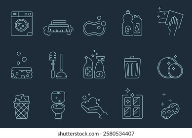 Disinfect hand icon. Clean toilet sanitary. Foam sponge. Soap froth bubble. Bath cleaning. Dish wash bottle. Vacuum cleaner. Bathroom plunger. Dustbin or cleanser dispenser. Vector line symbols set