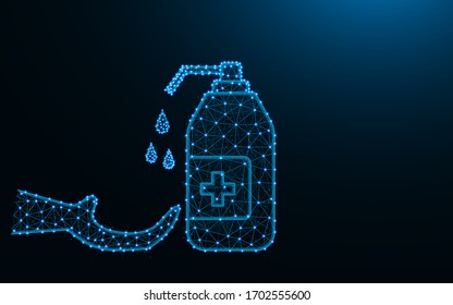 Disinfect hands made from points and lines on dark blue background, Hand hygiene wireframe mesh polygonal vector illustration