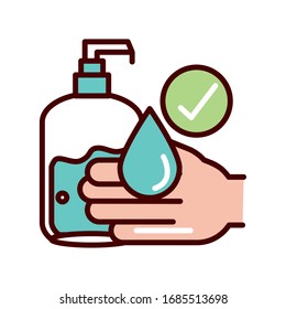 disinfect hands protection hygiene, prevent spread of covid19 vector illustration line and file icon
