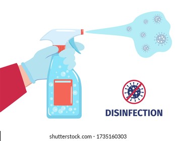 Disinfect to prevent coronavirus and viral infections. Antibacterial product to clean surfaces in public areas and home. Disinfection and health care concept vector in flat style. 