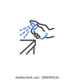 Disinfect Surfaces Line Icon. Linear Style Sign For Mobile Concept And Web Design. Hand With Sanitizer Spray And Table Outline Vector Icon. Symbol, Logo Illustration. Vector Graphics