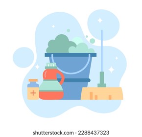 Disinfect things concept. Bucket with soap suds near cleaning products and mop. Cleanliness and hygiene, household chores and routine. Poster or banner for website. Cartoon flat vector illustration