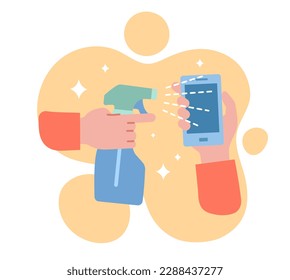 Disinfect things concept. Character clean smartphone screen with disinfectant spray. Cleanliness and care of gadget and device. Template and mock up. Cartoon flat vector illustration