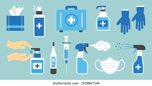 Disinfect vector icon. Hygiene. Antiseptic, hand sanitizer bottles, medical mask, wash gel, spray, wipes, antibacterial soap, gloves, napkins. PPE personal protective equipment. Health illustration