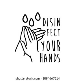 disinfect your hands lettering campaign hand made line style vector illustration design