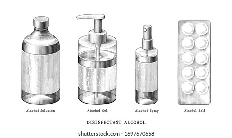 Disinfectant alcohol set hand draw vintage style black and white clip art isolated on white background