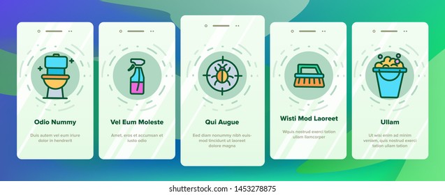 Disinfectant, Antibacterial Substance Vector Onboarding Mobile App Page Screen. Disinfectant, Sanitation and Hygiene Linear. Insecticides, Cleaning Sprays, Washing Liquid, Detergent Illustrations
