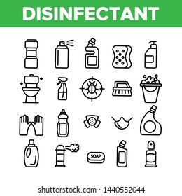 Disinfectant, Antibacterial Substance Vector Thin Line Icons Set. Disinfectant, Sanitation and Hygiene Linear Pictograms. Insecticides, Cleaning Sprays, Washing Liquid, Detergent Contour Illustrations