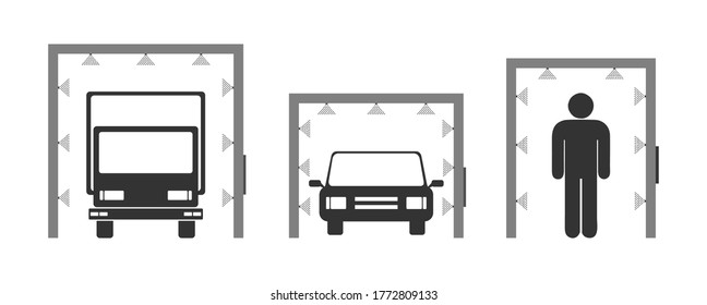Disinfectant booth set, car, person and truck icon