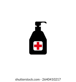 Disinfectant bottle icon. Medical aid symbol. Red cross vector. Black outline design.