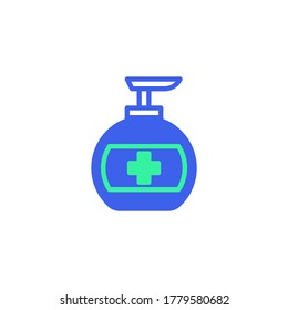 Disinfectant bottle icon vector, filled flat sign, bicolor pictogram, Medical sanitizer dispenser green and blue colors. Symbol, logo illustration