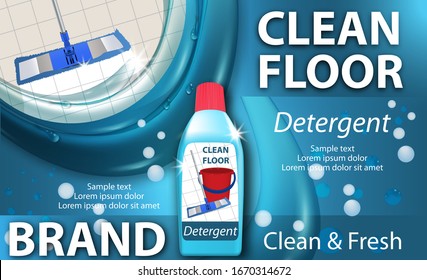 Disinfectant Cleaner For Washing Floors. Clean Floor Shiny. Mop Cleaning. Package Design Realistic Illustration Water Splash. Advertisement Poster Layout Or Banner. Vector