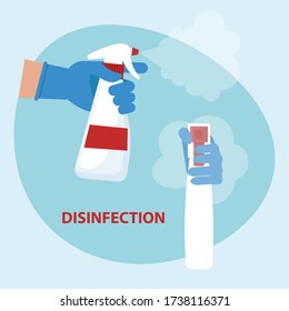 Disinfectant concept. Hand with antiseptic spray do disinfects. Vector illustration in flat style