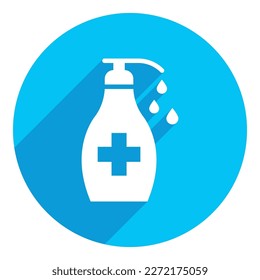 Icono desinfectante. diseño de sombra larga. fondo azul.