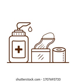 Disinfectant, Mask, and Tissue Roll Vector Illustration. Medical Healthcare Stay Safe from Coronavirus Concept. Flat Cartoon Style Suitable for Sticker, Wallpaper, Icon, etc.