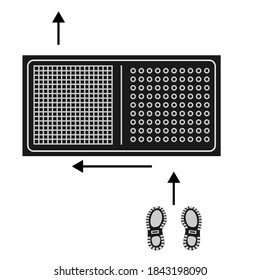 Disinfectant mat. Sanitizing mat. Antibacterial entry rug in flat style. Disinfecting carpet for shoes. Sterile surface. Two-zone mat for disinfect in shoes. Motion scheme. Vector illustration
