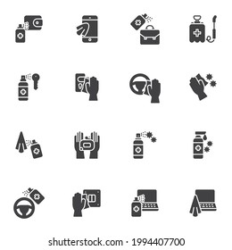 Disinfectant sanitizer vector icons set, coronavirus prevention modern solid symbol collection, filled style pictogram pack. Signs, logo illustration. Set includes icons as antibacterial hands washing