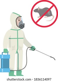A disinfectant in special clothing and with equipment carries out disinfection processing. A rat crossed out in red in a circle. Flat infographics. Vector illustration.
