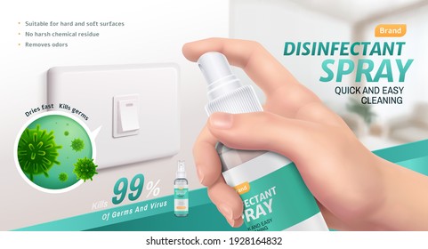 Disinfectant spray ad template, bottle held in hand spraying disinfectant on light switch with closeup of bacteria, 3d illustration