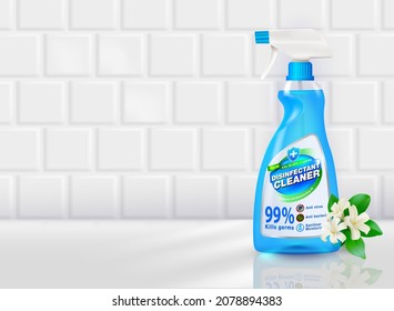 Disinfectant spray ad template Spray disinfectant to clean all surfaces, kill germs, viruses, bacteria, fungi. Product background is white wall tile. Realistic EPS file.