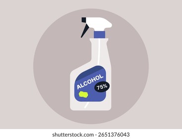 A disinfectant spray bottle with bold labeling showcases its 75% alcohol concentration, emphasizing its role in promoting cleanliness and hygiene, suitable for diverse settings