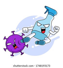 Disinfectant Spray mascot character kicking corona virus, fight against virus concept