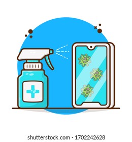 Disinfectant Spray on Phone Vector Illustration. Hand Sanitizer Spray on Handphone. Medical Healthcare Stay Safe from Coronavirus Concept. Flat Cartoon Style Suitable for Sticker, Wallpaper, Icon, etc.