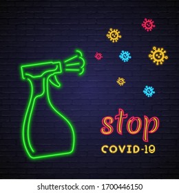 Disinfectant Spray Toward Coronavirus Neon Light Glowing. COVID-19, Stop Covid-19 Text Neon Bright. Virus Neon Icons